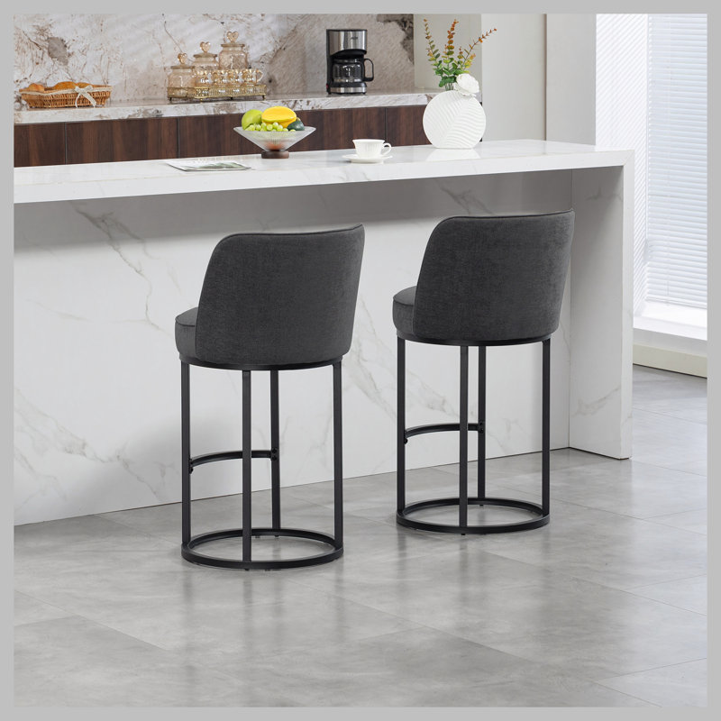 Counter Height Bar Stools Set of 2, Modern Barrel Counter Stools with Backrest, Linen Fabric Upholstered Accent Bar Stools for Kitchen Island