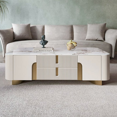 Artus Modern Beige Rectangle Large Coffee Table Drawers Sintered Stone Gold Base