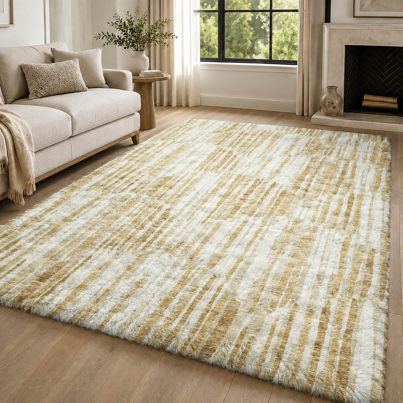 Tapis Dream Shag ADS739 Lines, lavable à la machine, de qualité supérieure, Gold, 10' x 14'
