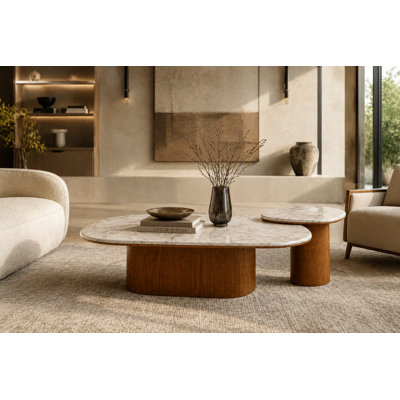 Table basse gigogne 2 pièces Jade - Chêne amande et marbre Calacatta