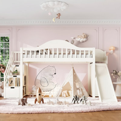 Wood Loft Bed with Storage Stairs, Slide and Built-in Wardrobe, High Guardrail Bed Frame for Kids and Teens
