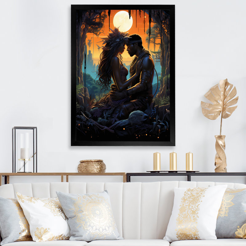 Pleine lune amoureux - reproduction sur toile, H 32 po x l 24 po x P 1 po, Cadre simple noir
