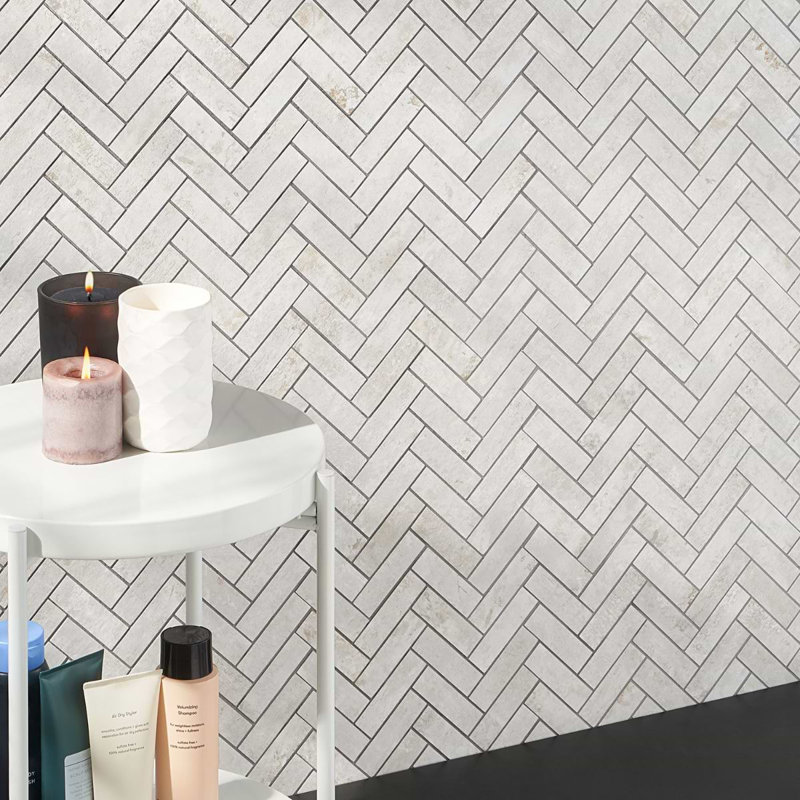Portrait Herringbone Matte Porcelain Mosaic, Ivory
