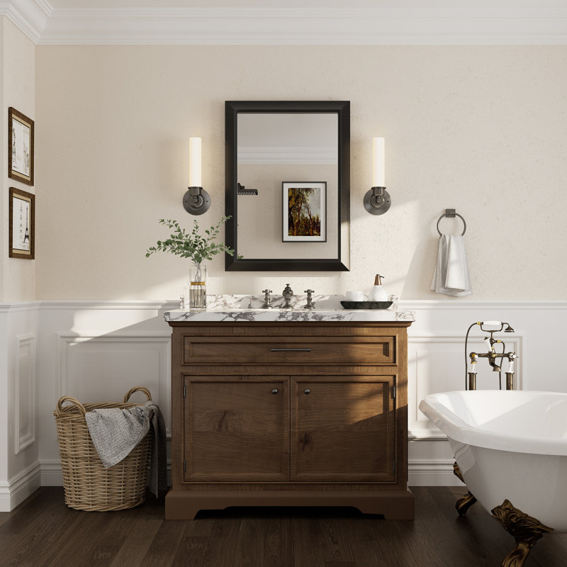 Amara Tempered Glass and Aluminum Alloy Framed French Cleat Mounted Wall Mirror, Matte Black, 36" x 30"