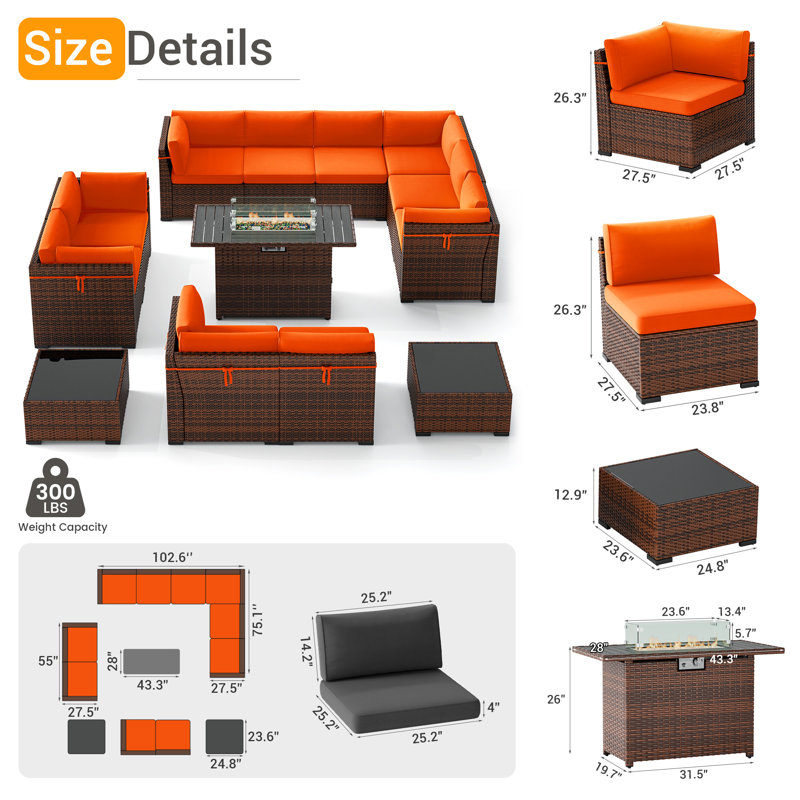 Treyshun 10 - Person Outdoor Seating Group with Fire Pit Table, Orange 