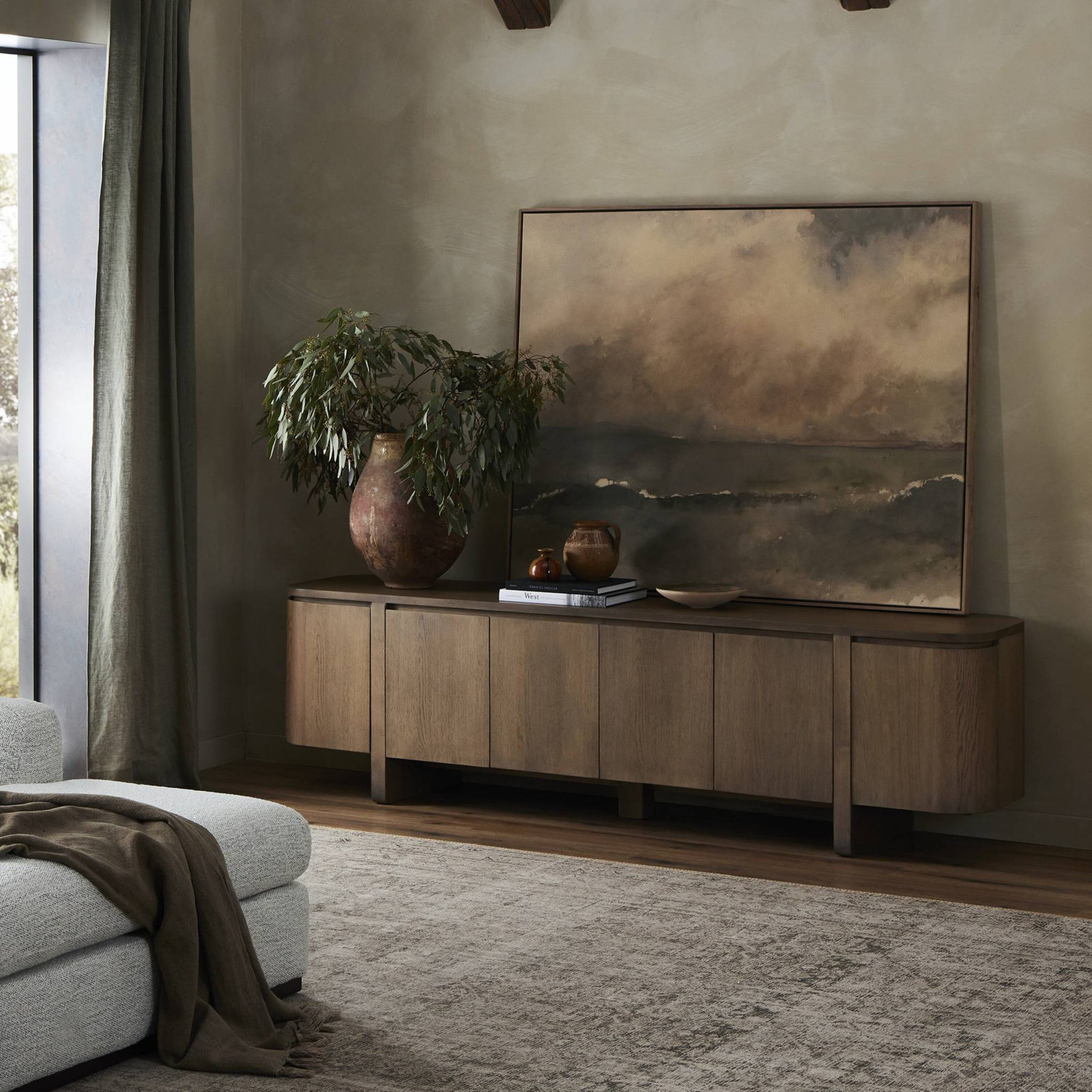 92" Oak TV Stand, Tawny Oak Veneer
