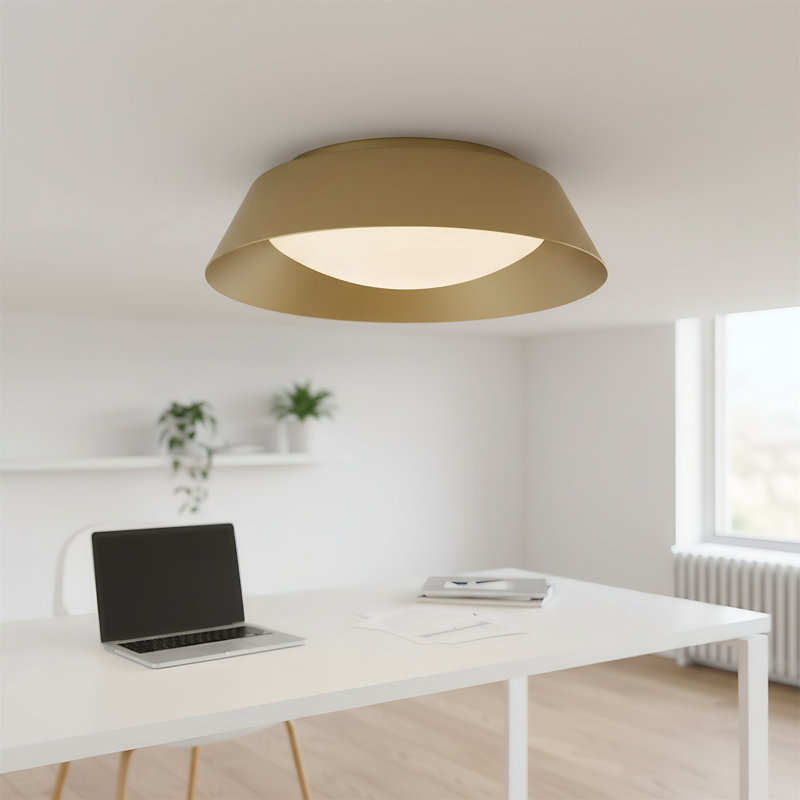 15-Inch Brass Led Ceiling Light With 5 Color Temperatures, Featuring An Etched White Glass Diffuser Design Suitable For Indoor Use.