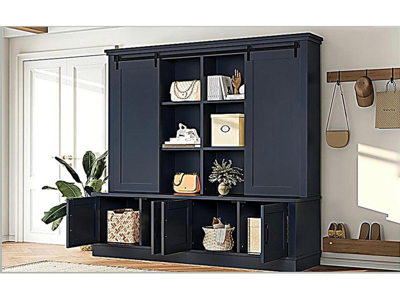 L'armoire d'entrée multifonctionnelle comporte des rails coulissants pour un grand espace de rangement, combinant astucieusement une unité de rangement avec un design d'entrée en forme d'arbre. Idéal pour les salons et les couloirs, bleu