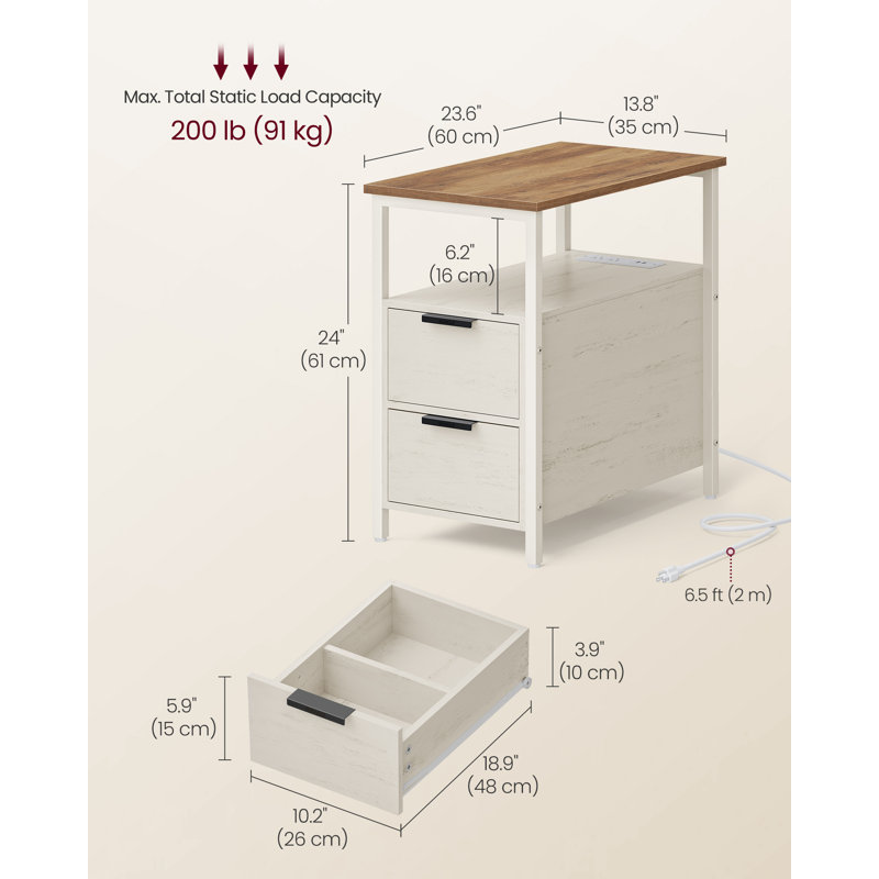 Side End Table With Charging Station, Slim Nightstand With 2 Drawers, Narrow Bedside Table For Living Room, Small Spaces