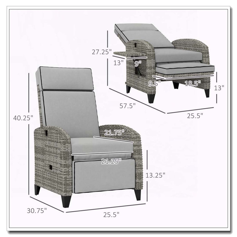 Méridienne inclinable grise pour l'extérieur avec plateau latéral escamotable, repose-pieds et surface rembourrée, Gris
