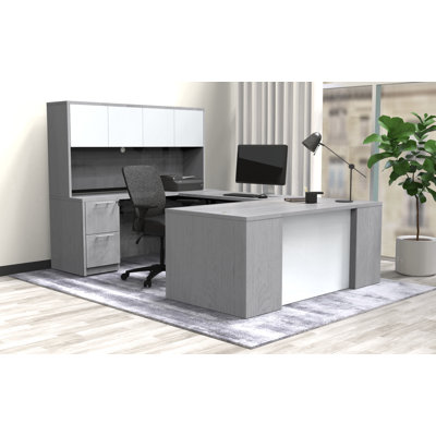 City View Executive U-Shape Straight Front Office Desk with Storage and Frosted Glass Accents, Grey Oak