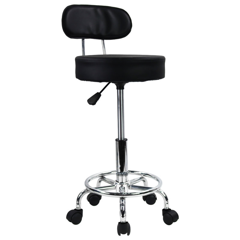 Backed Adjustable Height Ergonomic Lab Stool with Footring Wheels, Black
