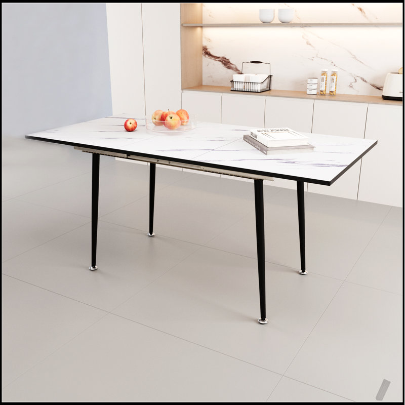 47" expandable to 63" inch MDF square white marble patterned dining table, modern industrial kitchen and dining table, equipped with tapered metal legs
