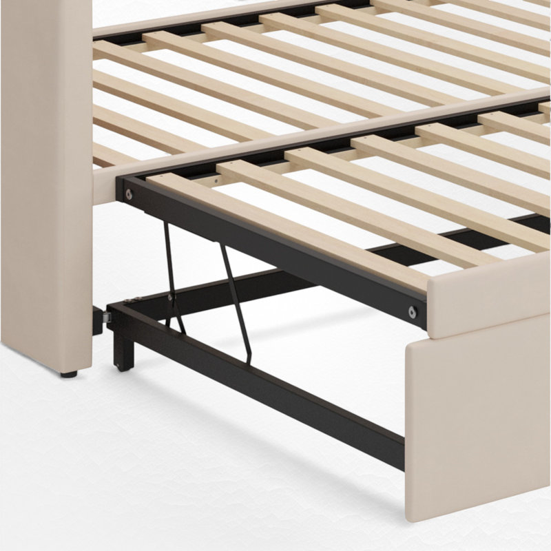 Upholstered Daybed With Trundle – Slat Support, Beige