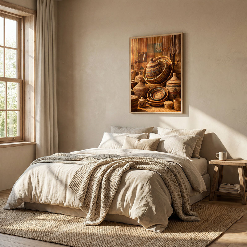 Art mural sur toile avec paniers tissés avec perles suspendues, 24"H x 18"W