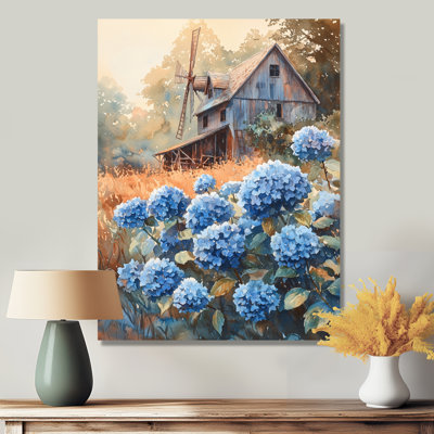 Hydrangeas By The Windmill - Floral Canvas Prints