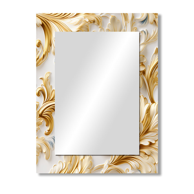 Sruthy Gold And White Gilded Damask Reverie - damask  Large Wall Mirror, Boho Unique Mirror, Printed Metal Art, 40" x 30"
