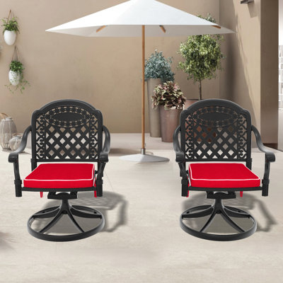 2 chaises de jardin pivotantes en aluminium coulé avec cadres noirs et coussins de vent de couleurs aléatoires pour l'extérieur