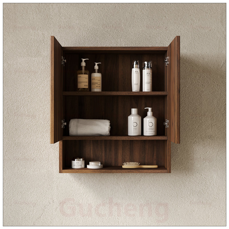 Armoire de salle de bain murale rayée avec portes, tablette et rangement ouvert, parfaite pour organiser vos essentiels dans les petits espaces