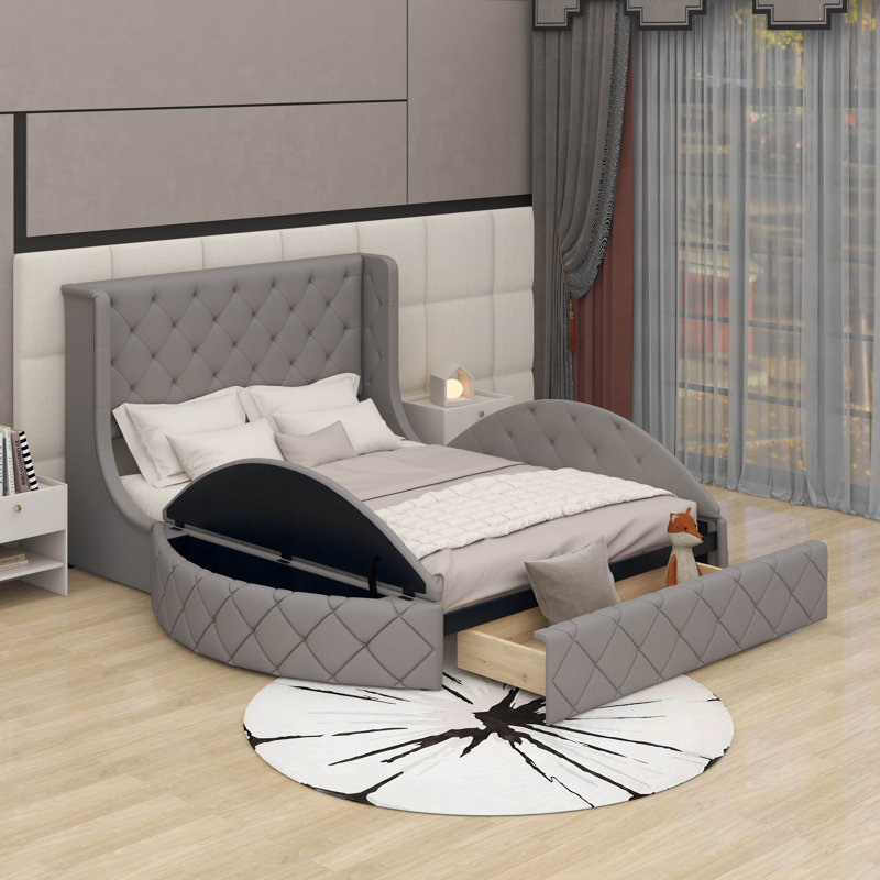 Grand lit plateforme tapissier en velours avec tête de lit et tiroir, gris