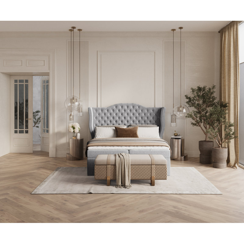 Exclusive Upholstered Ottoman Bed with Mattress, Double (140 x 200 cm), Light Grey