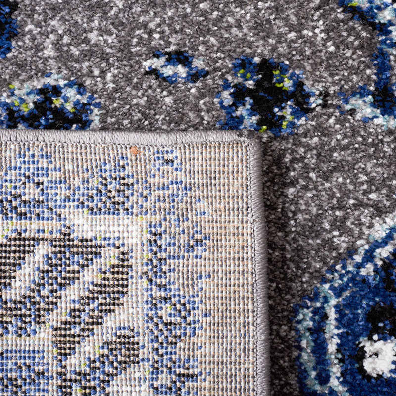 Tapis oriental bleu / noir / gris, Carré 6 pi 7 po