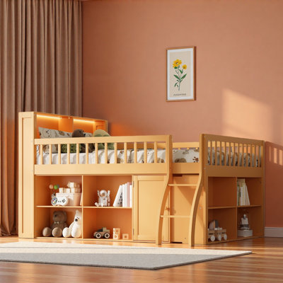 Lit mezzanine peu encombrant avec tablettes de rangement, tête de lit avec lumière DEL