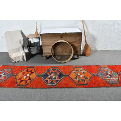 Handmade Vintage Turkish Kilim Runner Rug with Red Geometric Design for Bohemian Hallway Decor Red/Orange