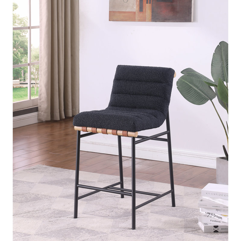 Chaise à hauteur de comptoir de style moderne avec bandes en cuir cognac et dossier en tissu de luxe avec sangles décoratives en bois noir