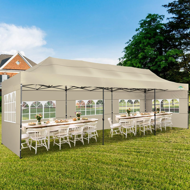 30 Ft x 10 Ft Real Heavy Duty Steel Pop-Up Canopy with 8 Sidewalls, Khaki