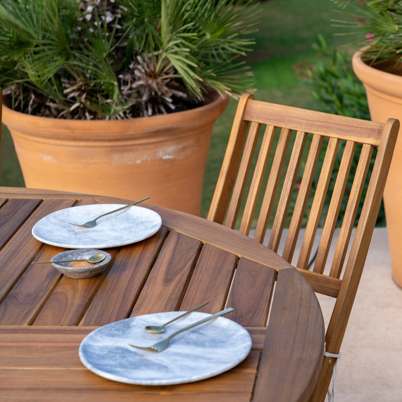 Nayoun 8 - Person Acacia Wood Patio Dining Set with Round Table, Regular Chair, Grey Umbrella