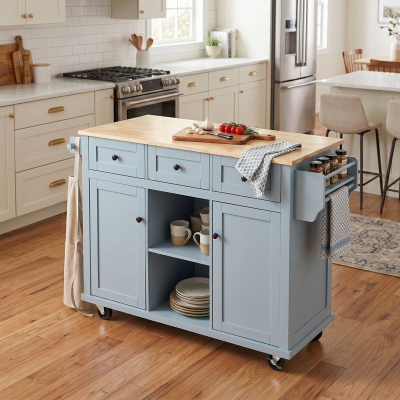 kitchen Cart with Rubber wood Drop-Leaf Countertop in Blue｜Cabinet door internal storage racks｜Smooth Rolling & Lockable Wheels ｜ Storage Cabinet and 3 Drawers for Dinning Room