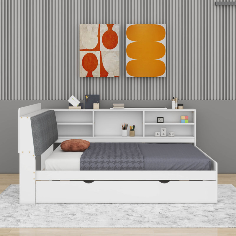 Platform Bed With Trundle, Shelves And Storage Headboard, White, Full