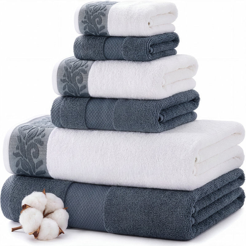 Modern Threads 600 GSM 6-Piece Towel Set with Filgree Jacquard Border, Blue Smoke