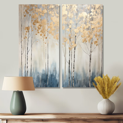 Minimalism Blue And Gold Forest II - Landscapes Forest Wall Art 2-Panels