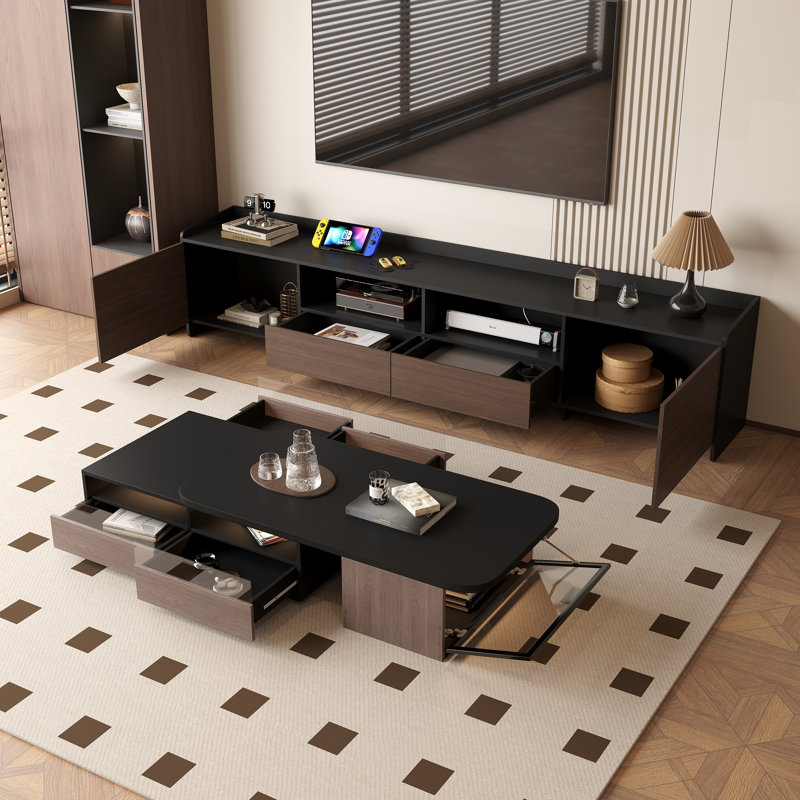 Tv Stand For Tvs Up To 85'', Living Room Cabinet Set Includes Tv Stand And Extendable Coffe Table With Storage Drawers And Cabinet