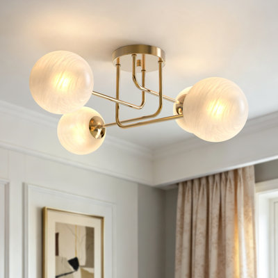 26''-4 Lights Linear / Sputnik Modern Polished Brass Cloud Glass Semi Flush Mount Lighting for Living Room/Bedroom