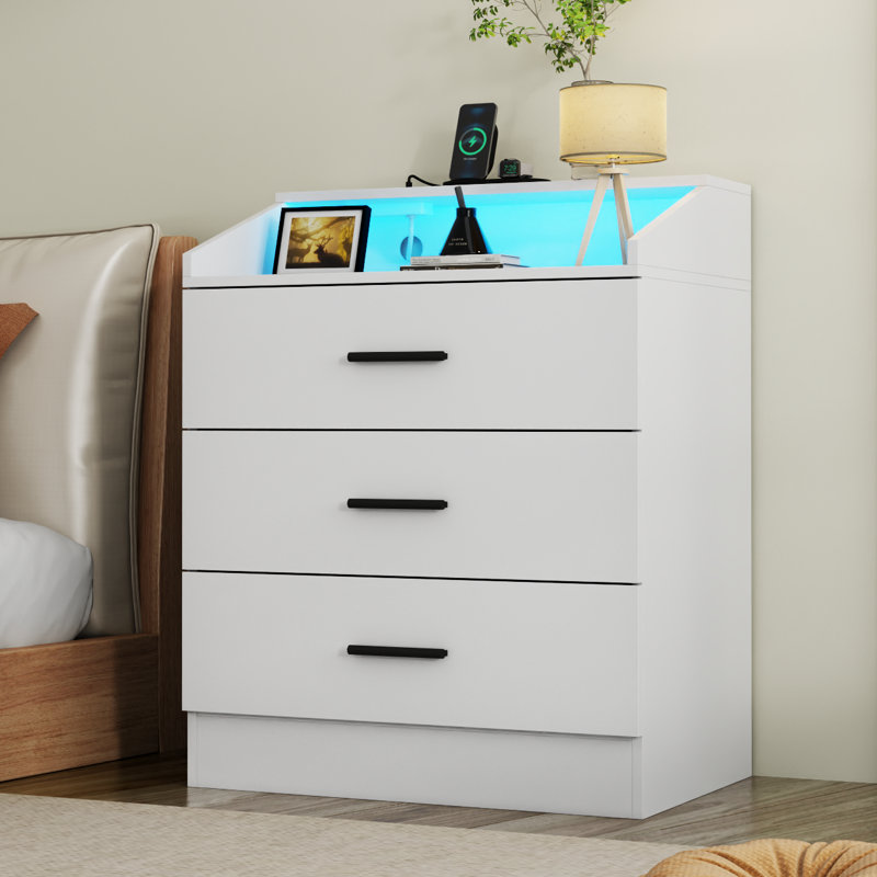 Commode 3 tiroirs avec prise de courant avec éclairage DEL Jurene