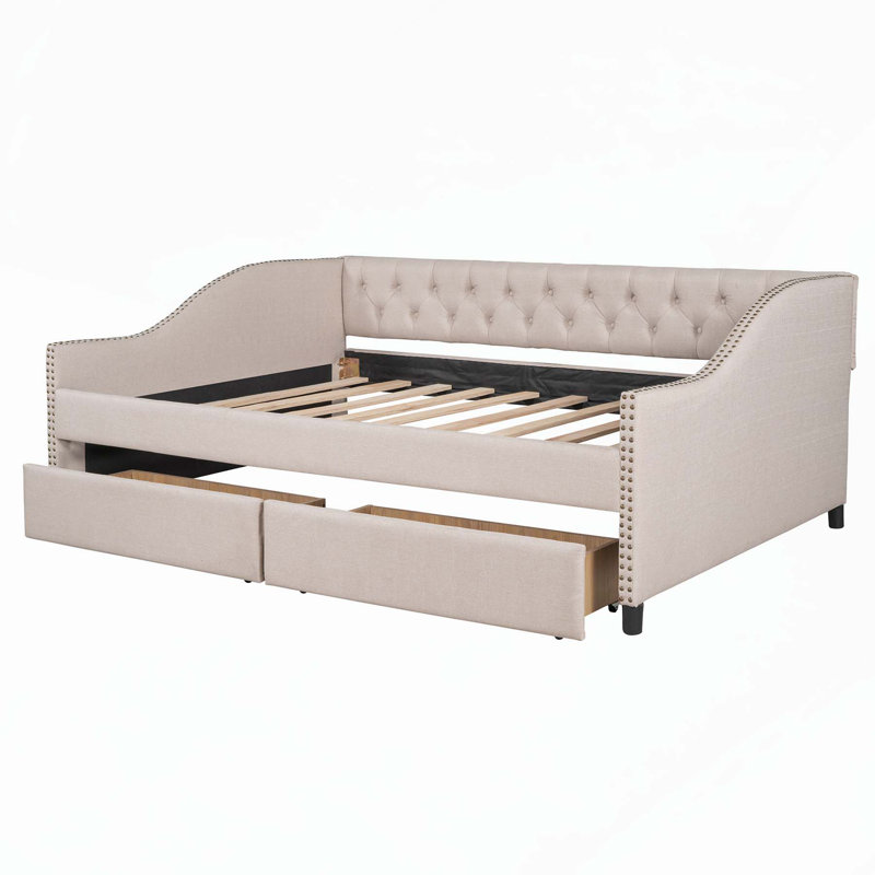 Versatile Upholstered Daybed with Drawers for Extra Storage and Comfort, Full/Double, Beige