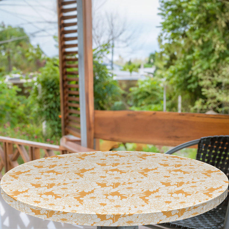 Winston Porter Floral Fitted Round Tablecloth 56"- 60" Diameter Pale Orange and White, 67.72" Round