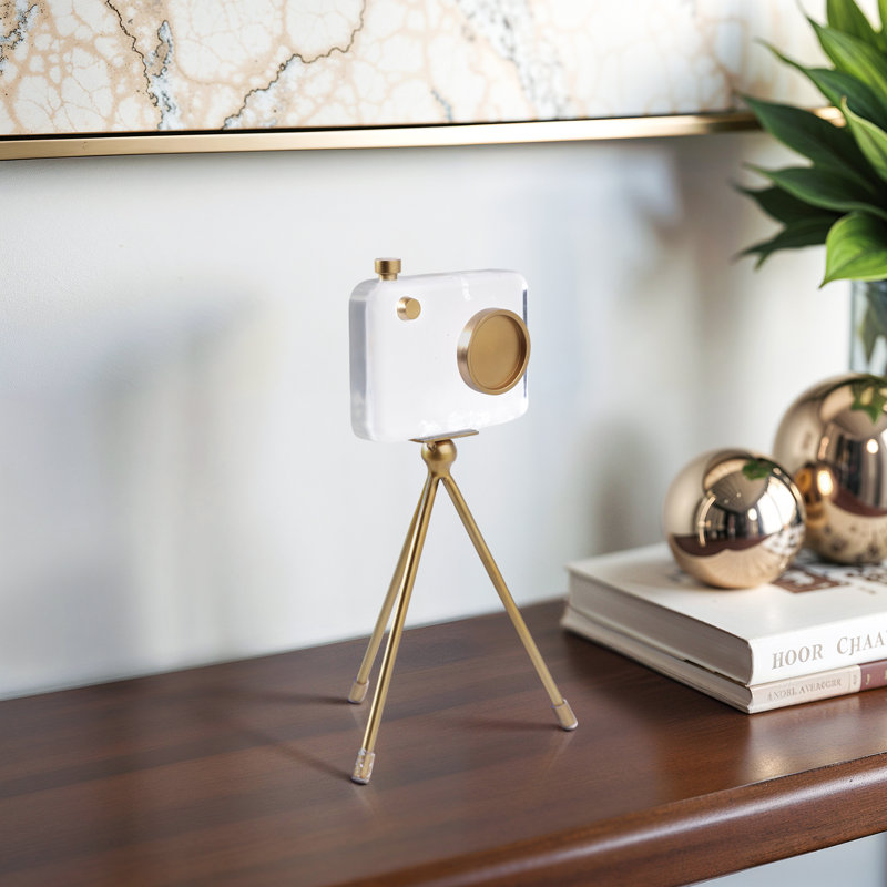 Decorative Camera Sculpture Gold and White Modern Accent for Home, Office, Bedroom, or Living Room Acrylic and Brass 10".