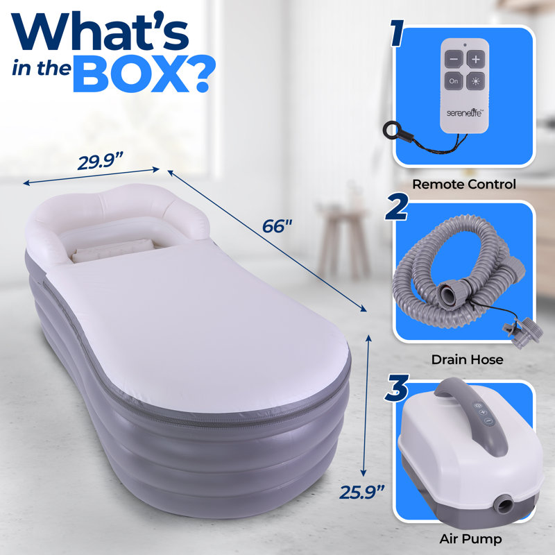 Serenelife Inflatable Bathtub With Bubble Massage Mat, Comes With A Matching Inflatable Pillow, Cup Holder & Remote Control For Led Lighting And Bubble Mat, Featured With Backrest And Armrests Support