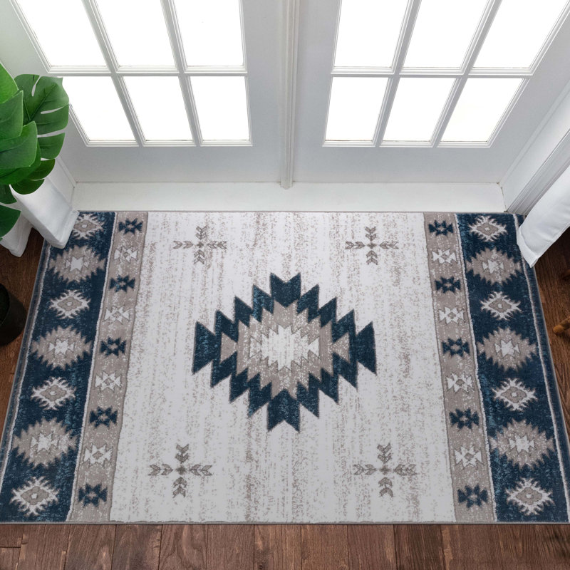 Tapis bleu marine / ivoire en polypropylène tissé à la machine Giselly, Rectangle 3 pi 11 po x 5 pi 3 po