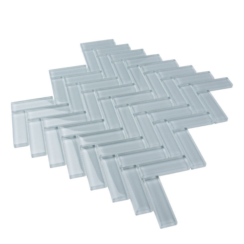 11"X 12.6" Herringbone Polished Glass Mosaic Tile, Gray