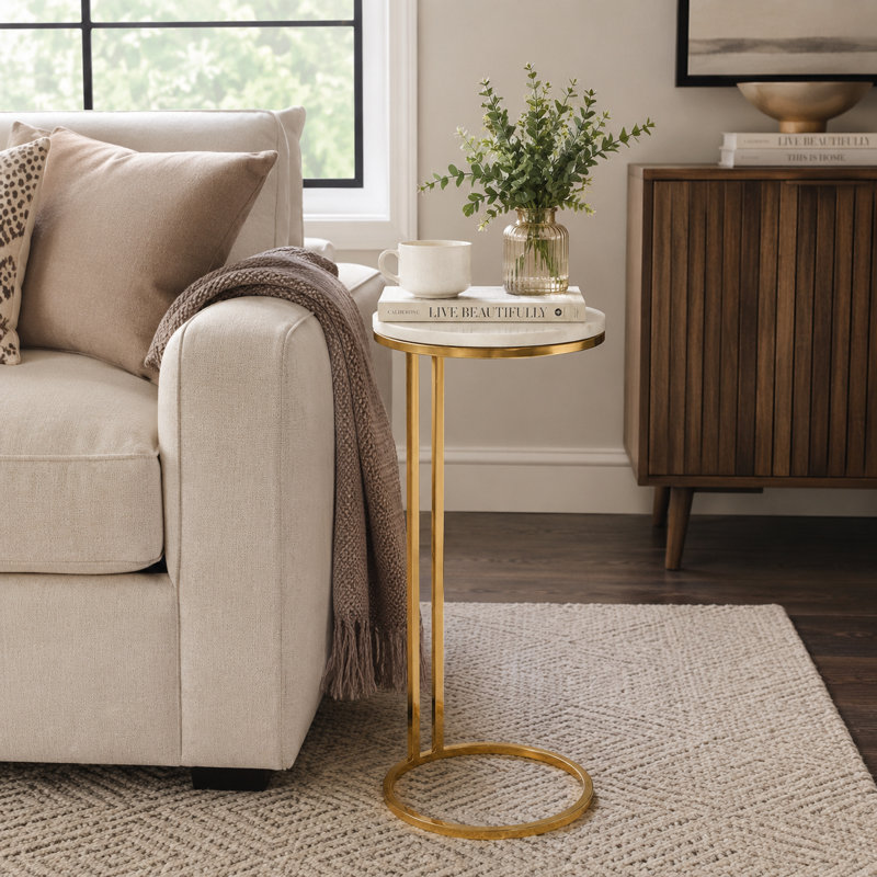 Sanches Modern Side Table With Slim Metal Base And Round Top - Stylish Cocktail Accent For Living Room Or Small Spaces - Narrow End Table For Home Decor - 24", Gold