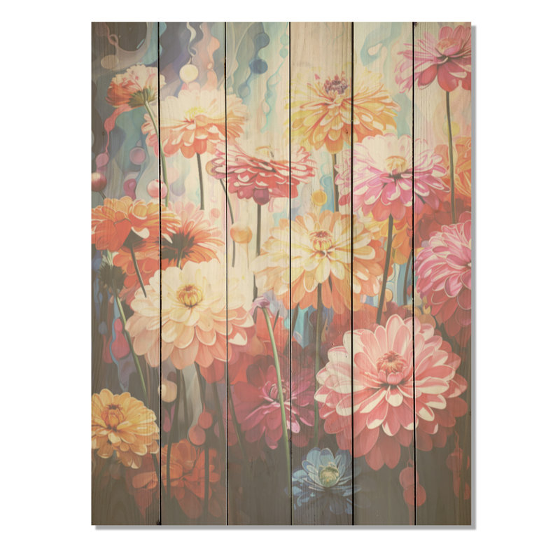 Zinnias champ discret - panneau de bois Zinnias, art mural sur bois de pin naturel, H 40 po x l 30 po