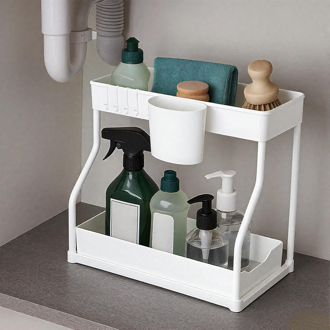 Under Sink Storage Organiser With Sliding Drawers & Hooks – 2-Tier Pull-Out Cabinet Shelf For Kitchen, Bathroom, Utility Rooms – Waterproof & Durable