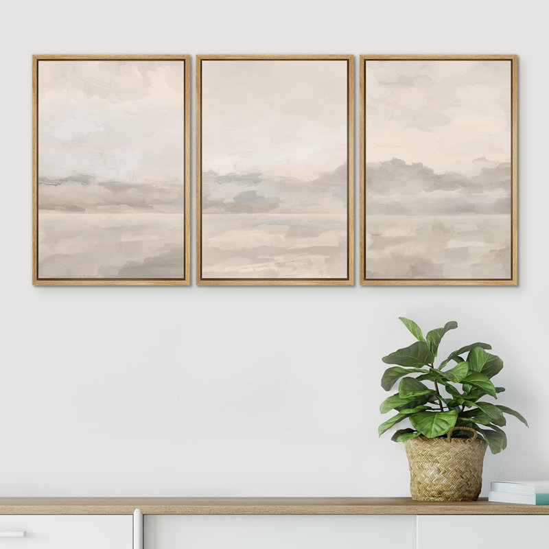 Minimal Landscape " Pastel Watercolor Cloudy Sky Gray Abstract Landscape " 3 - Pieces, 36" H x 72" W, Natural Floater Framed