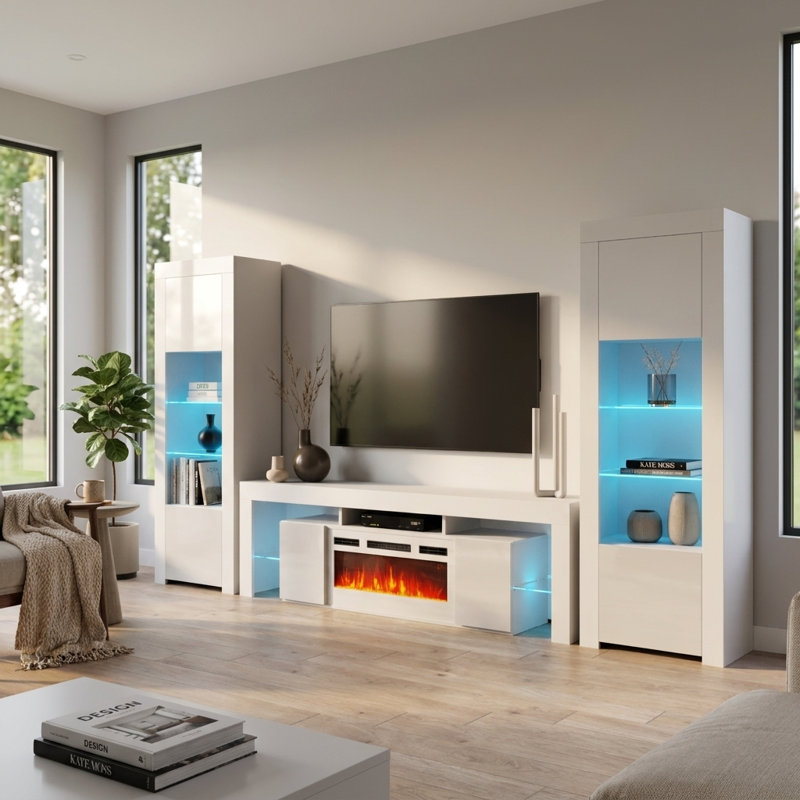 Meuble audio-vidéo moderne avec foyer électrique 128,7 po avec finition très brillante et rangement multimédia, Blanc