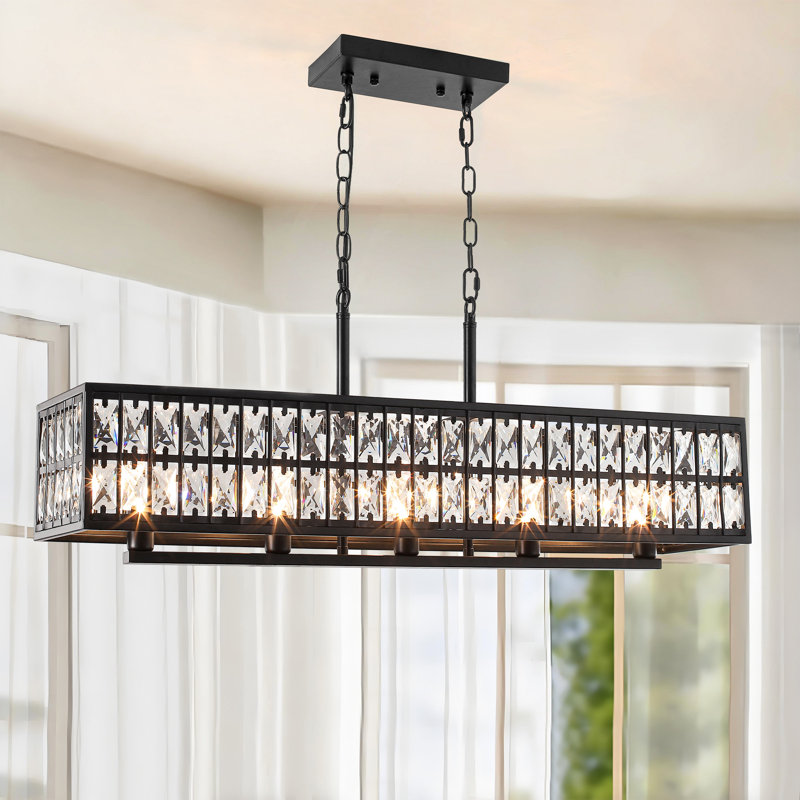 Lustre rectangulaire moderne en cristal noir 5 lumières pour îlot de cuisine, Noir mat